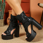 High Heel Block Microfiber Women's Fashion Retro Roman Open Toe Ankle Booties with Zip Closure, Lace-Up Detail, and PU Sole for Casual or Evening Wear