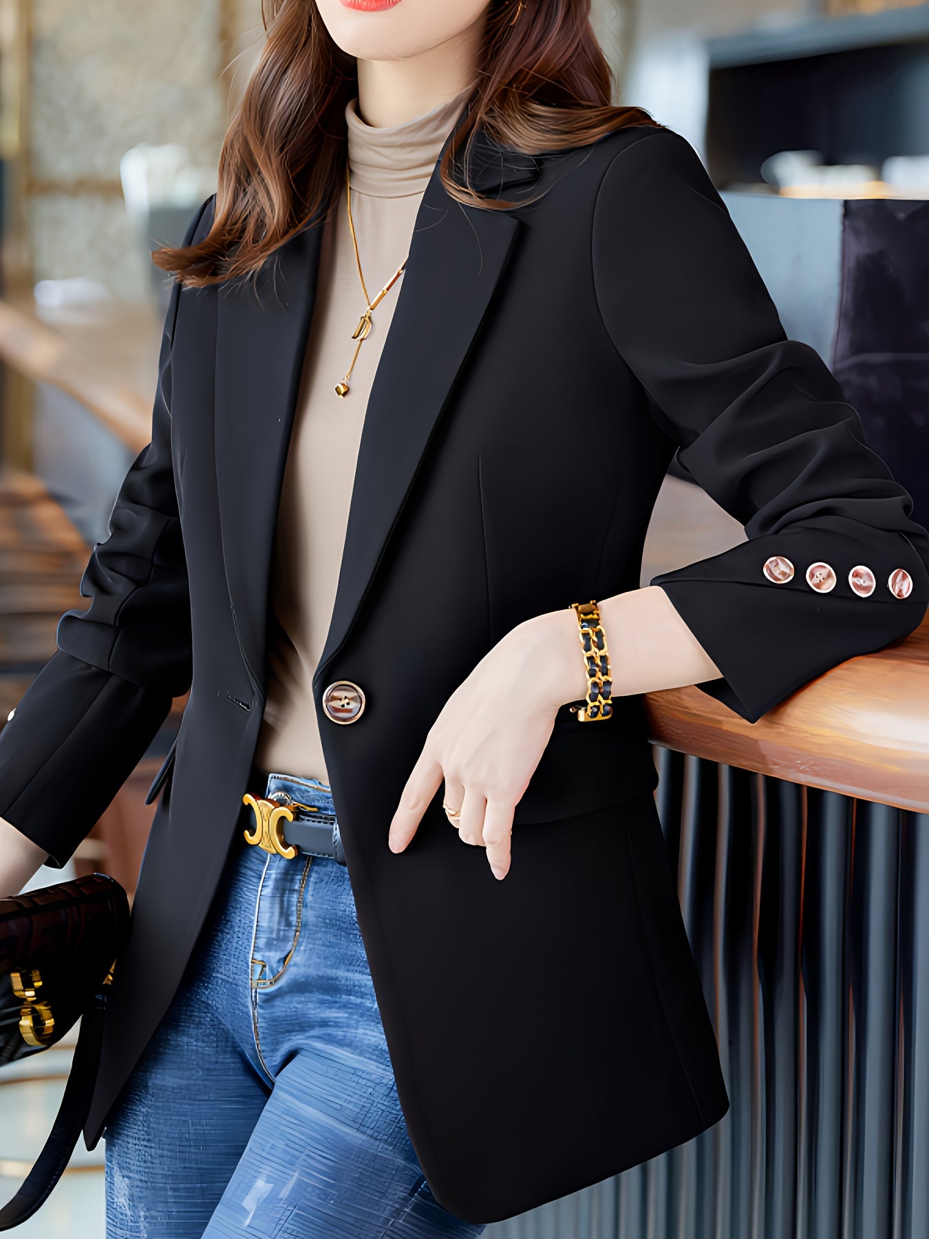 Elegant Long Sleeve Notched Collar Button Front Blazer for Office & Work, Women's Clothing