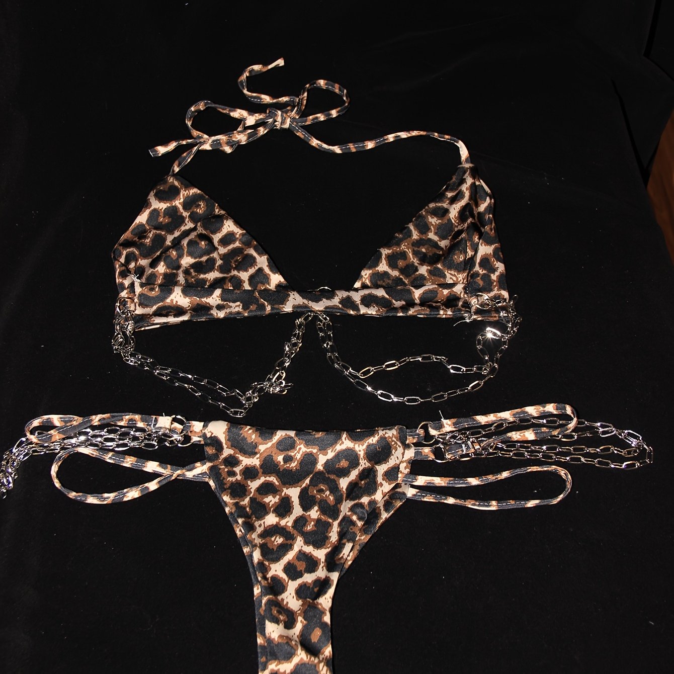 2pcs Women Sexy Punk Style Bikini Set Zebra-stripe Halter Personality Chain Decoration Swimsuit Hot Spring Three-Point Swimwear