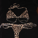 2pcs Women Sexy Punk Style Bikini Set Zebra-stripe Halter Personality Chain Decoration Swimsuit Hot Spring Three-Point Swimwear