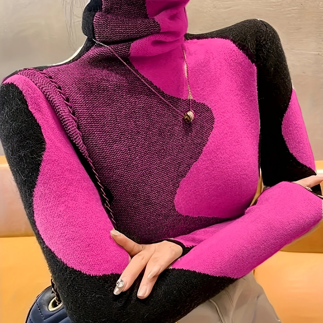 Elegant Turtleneck Sweater for Women - Chic Geometric Pattern, Soft Knit Blend, Perfect for Fall/Winter, Machine Washable