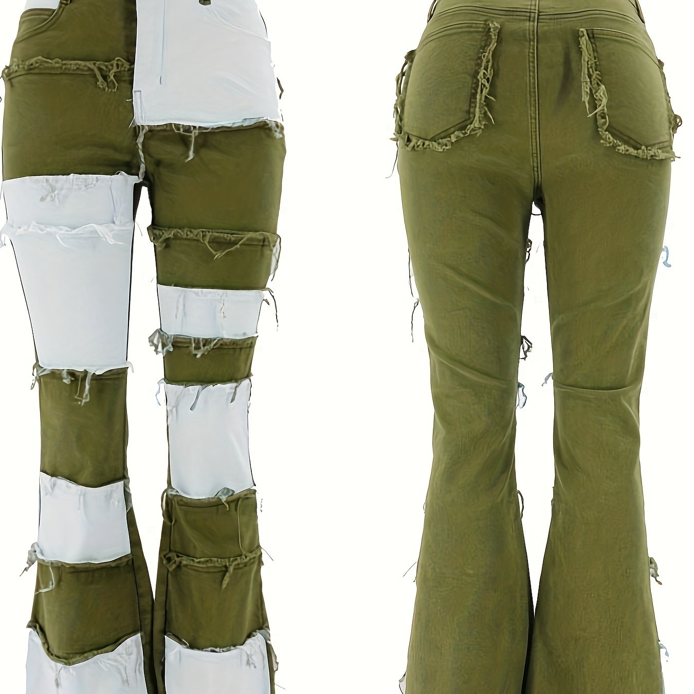 European And American New Fashion Contrasting Patchwork High-waisted Tight Hip Flared Women'S Denim Trousers