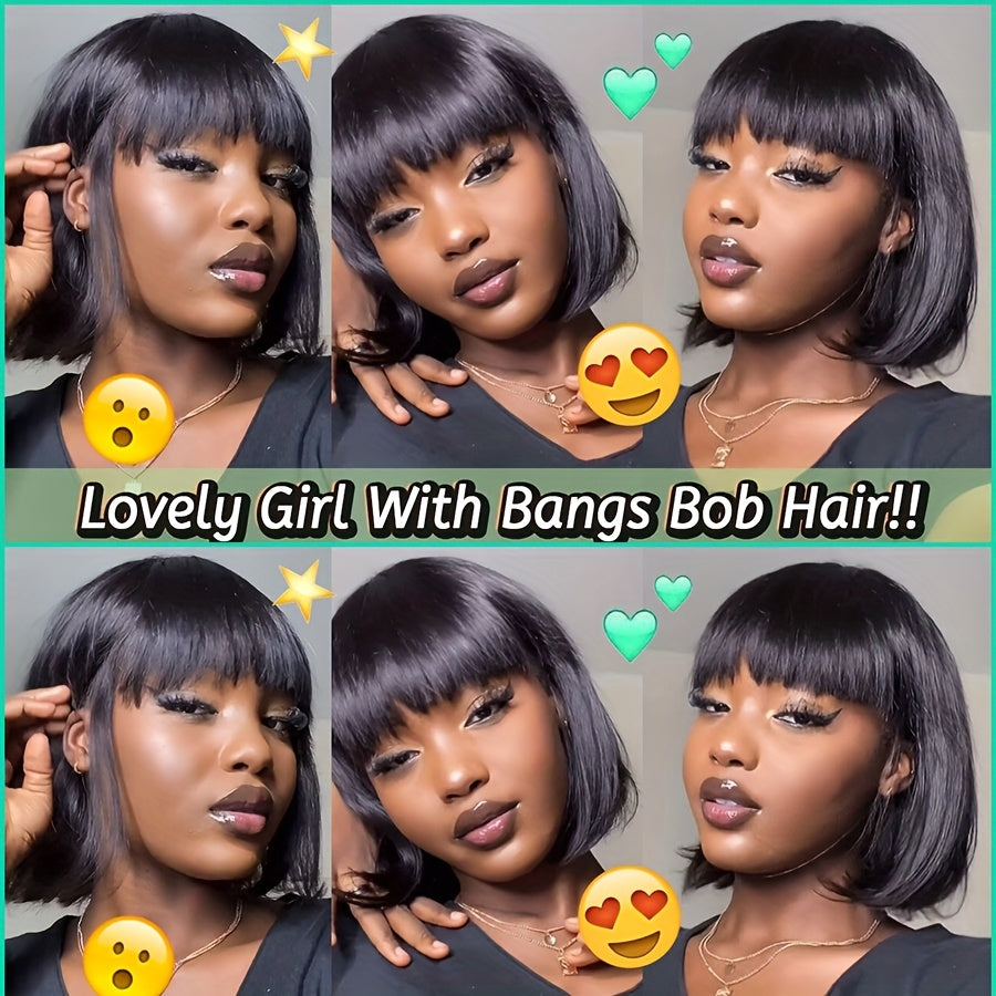Elegant Straight Brazilian Human Hair Bob Wig with Bangs, Density, Glueless Short Wigs for Women, Rose Net Cap, Natural Look, Straight Hair, Human Hair, with Fring