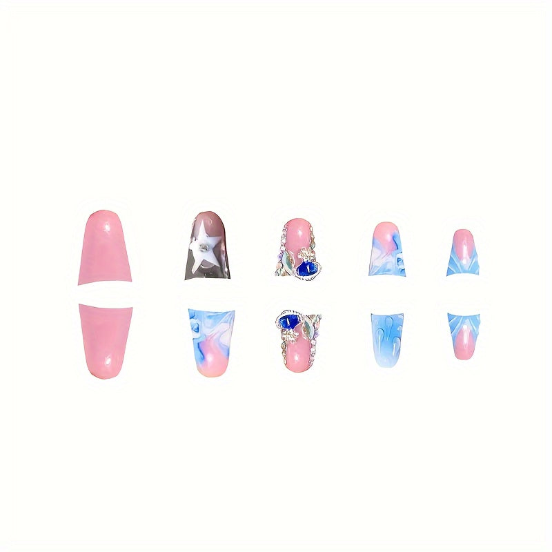 96pcs Press-On Nails Set, Blue & Pink, Duckbill Shape, Medium Length, with Jelly Glue & Nail File, Floral & Rhinestone Designs, Glossy Finish, Perfect for Girls & Women Gift