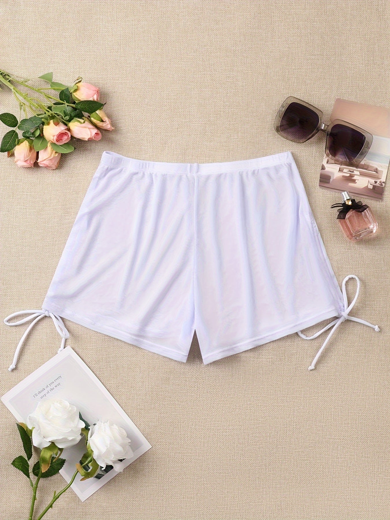 Solid Color Mesh Sexy Swim Shorts, Semi Sheer Side Tie Ruched Bikini Bottoms - Polyester - For Women - Perfect for Beach & Pool - Ideal Gift for Summer