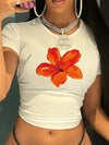 1pc Women'S Floral Print Polyester Crop Top T-Shirt - Casual Crew Neck Short Sleeve Knit Fabric Summer Tee