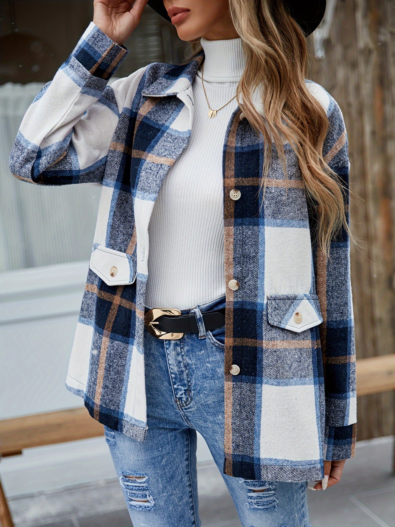 Elegant Plaid Long Sleeve Shirt, Women'S Blue, Polyester, Lapel Collar, Woven, 120gsm, for Spring/Summer
