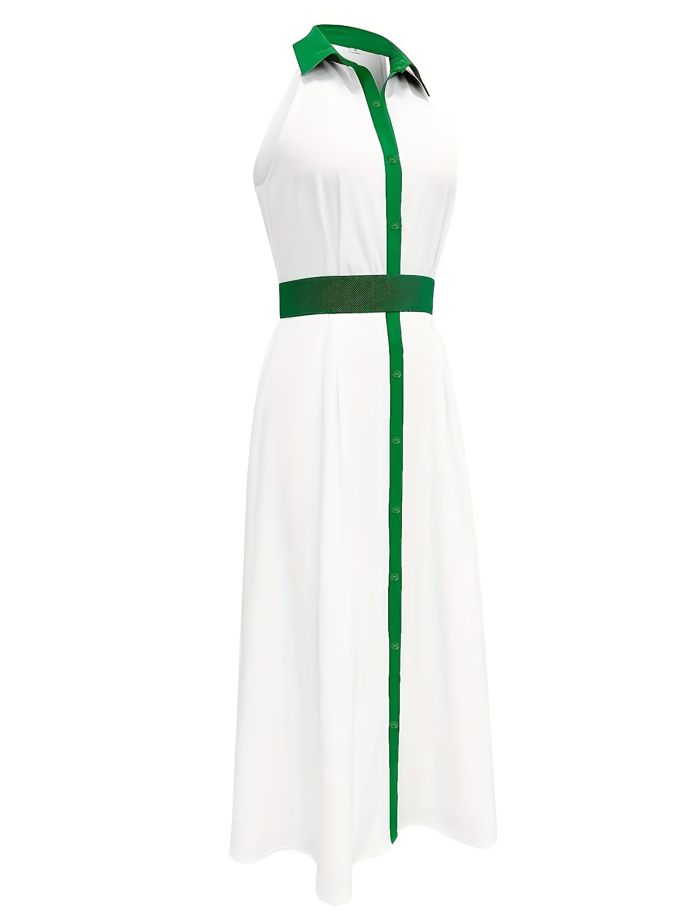 Women's Elegant White & Green V-Neck Dress with Adjustable Waist Tie Belt - Pencil Skirt Silhouette, Structured Non-Stretch Fabric, Machine Washable for All-Season Wear, Stylish Occasion Wear | Sophisticated Fashion | Stylish