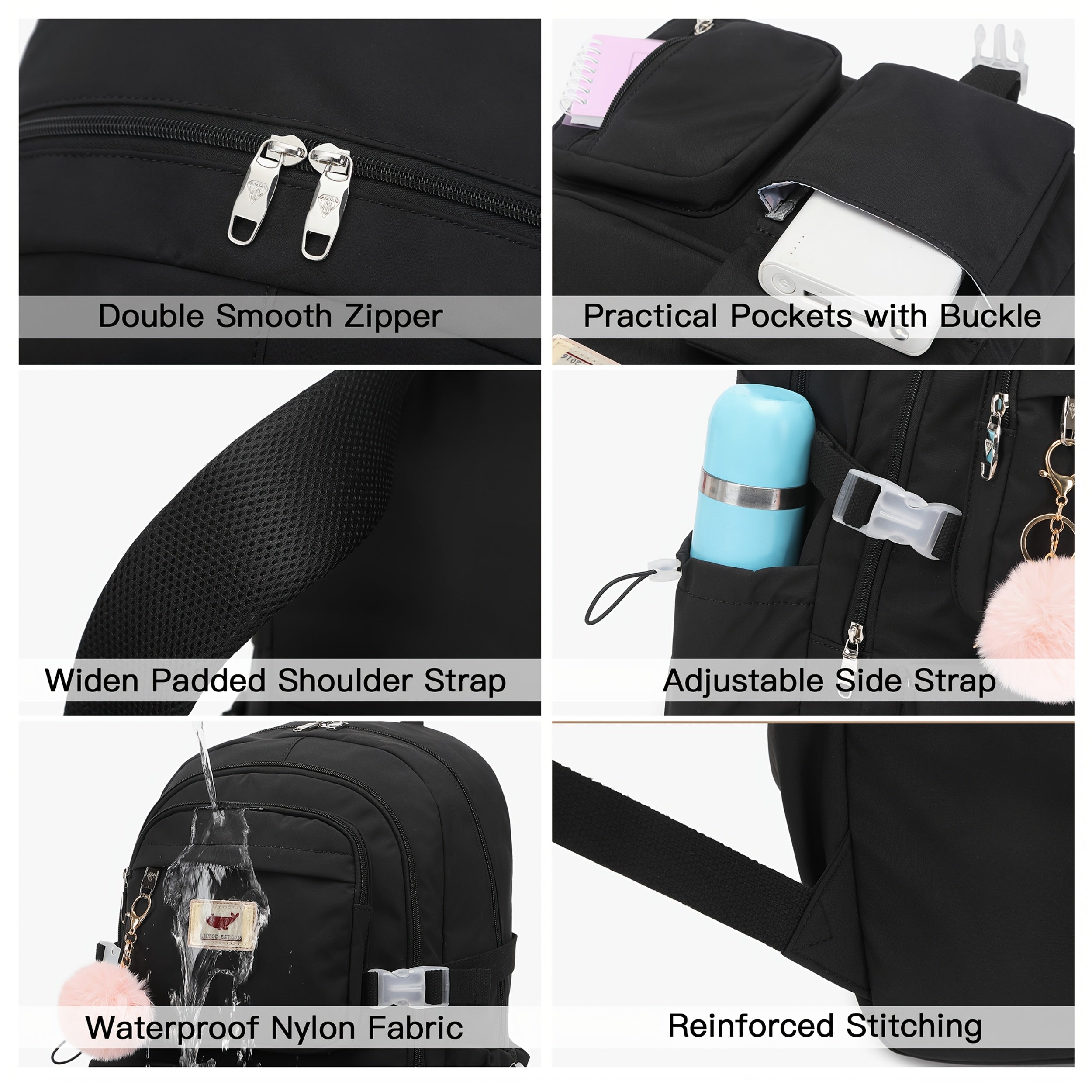 HIDDS Preppy Style 3pcs Backpack Set with Lunch & Pen Case, Nylon Urban Theme Women'S Travel College Backpack, Adjustable Straps, Zipper Closure, Solid Black - Fits 15.6" Laptop