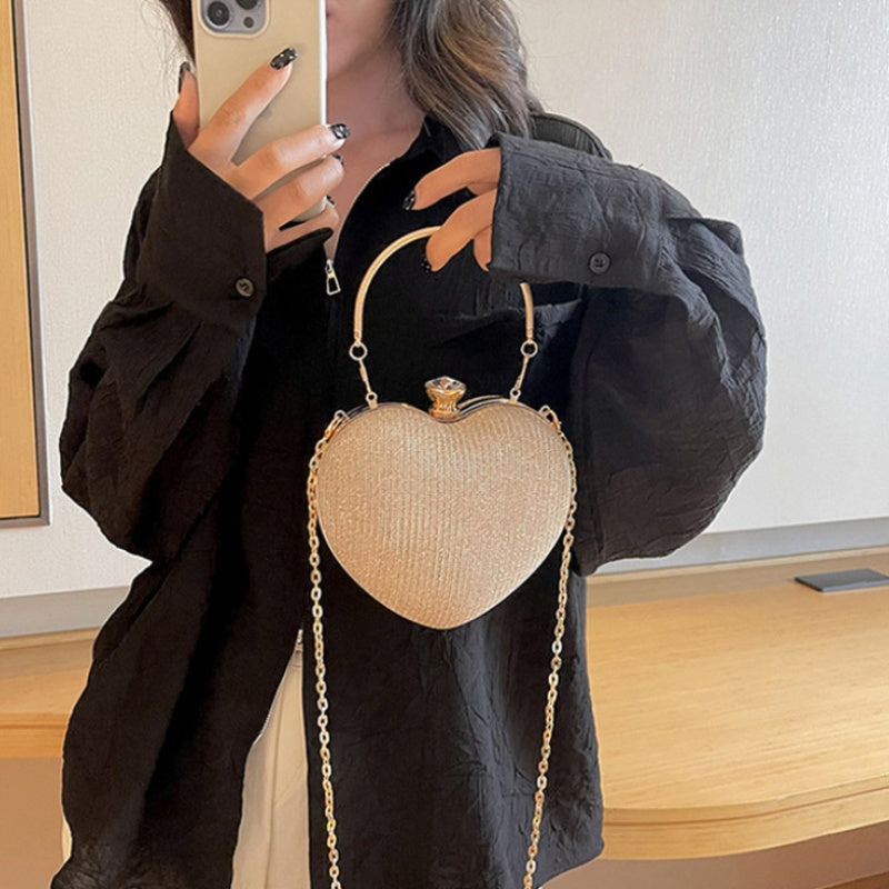 Ladies Fashion Shining Chain Crossbody Bag, Elegant Shoulder Heart Shaped, Metal Embellished, Black, with Buckle Closure, for Party, Wedding, Date