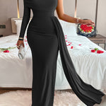 Women's Elegant Bodycon Maxi Dress - Asymmetrical Neck, Smooth Polyester Fabric, Spring/Summer Banquet & Party Wear | Micro Elasticity | Machine Wash