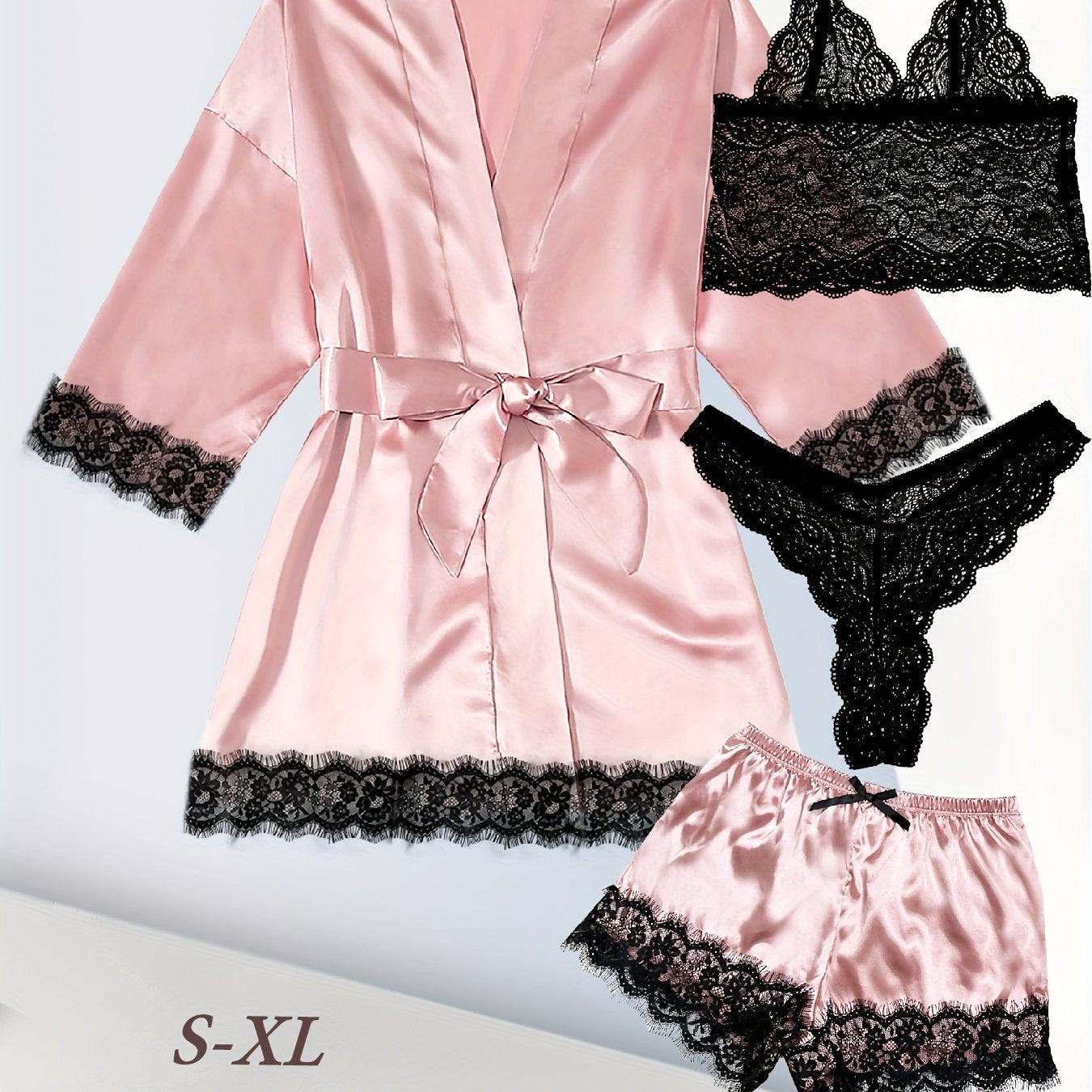 Women's Plus Sexy Lounge Set - Plus Size Satin Contrast Eyelash Lace Belted Nightgown & Camisole & Panty & Shorts With Free Eye Mask - For Women - Perfect for Lounging & Sleepwear - Ideal Gift for Her