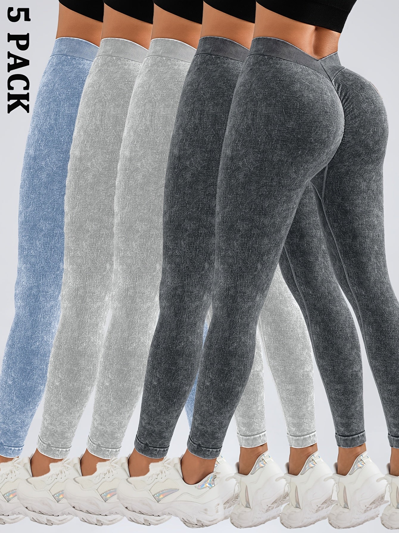 5 Pack Women's Hip Lifting Seamless Sexy V Back Sports Yoga Leggings High Waisted Stretch Fitness Pants Outdoor Running Skinny Sweatpants