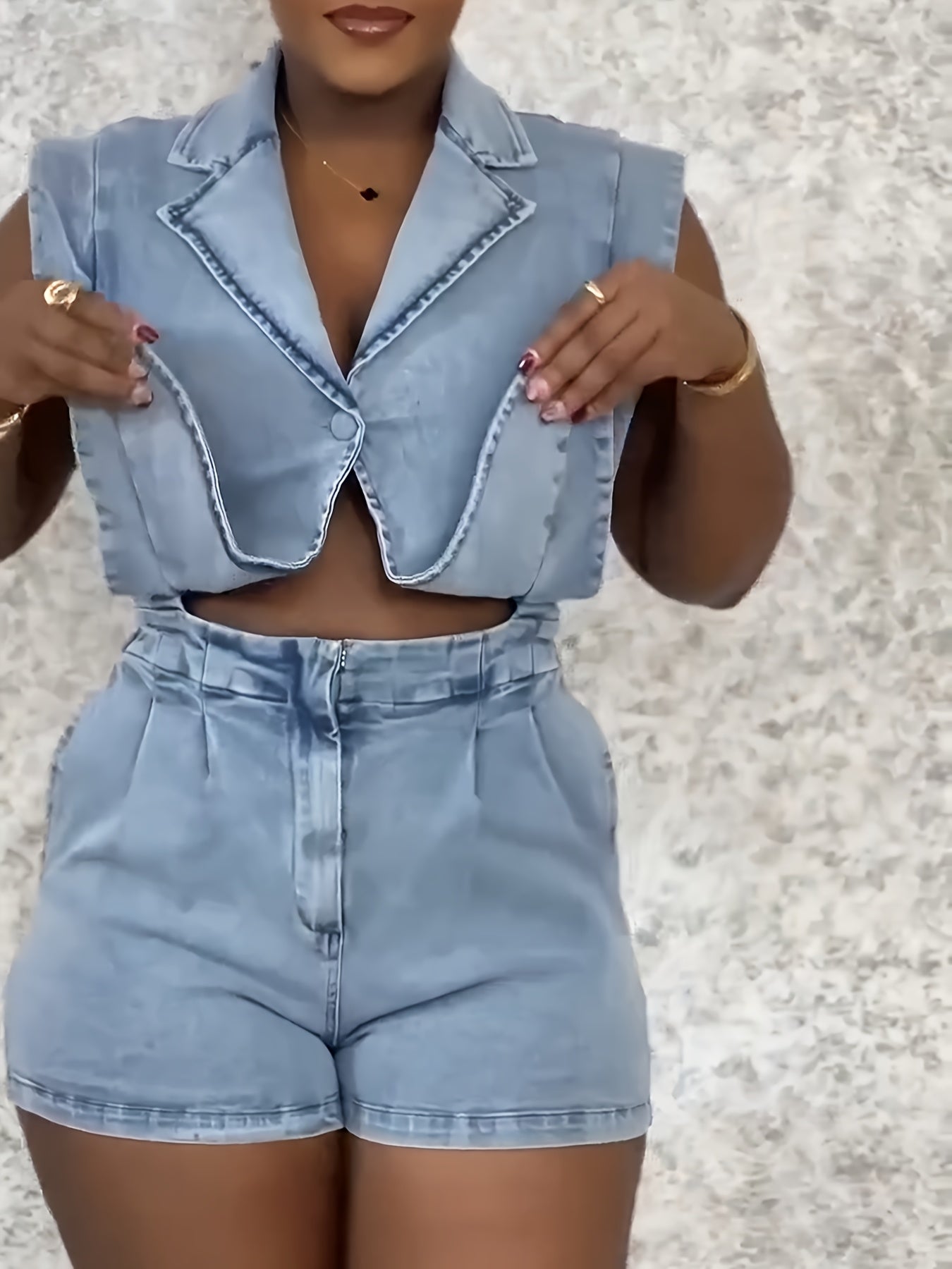 Denim Sleeveless Suit Collar Stretchy Waist Jumpsuit Shorts
