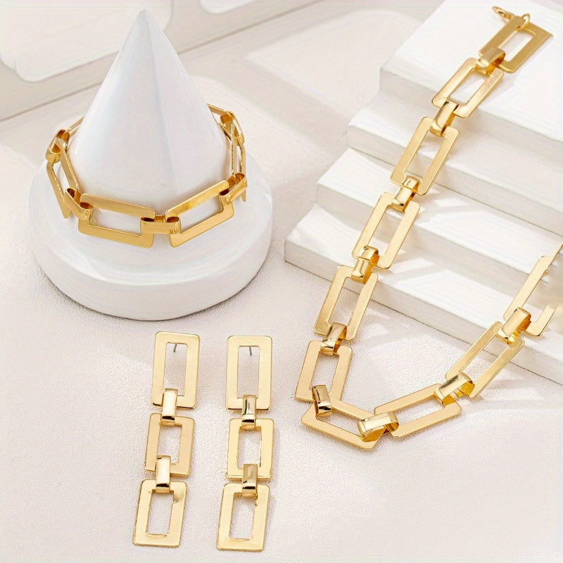 3pcs Personalized, Fashionable, Elegant, Retro Style Golden Necklace, Geometric Earrings, Bracelet Jewelry, Square Style Leopard Print Golden Necklace, Bracelet Earrings Set Suitable for Parties and Banquets