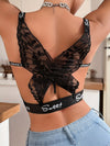 Sexy Black Lace Butterfly Backless Cami Top with Wide Straps and "SWEET" Lettering - Deep V-Neck, Semi-Sheer Women's Lingerie