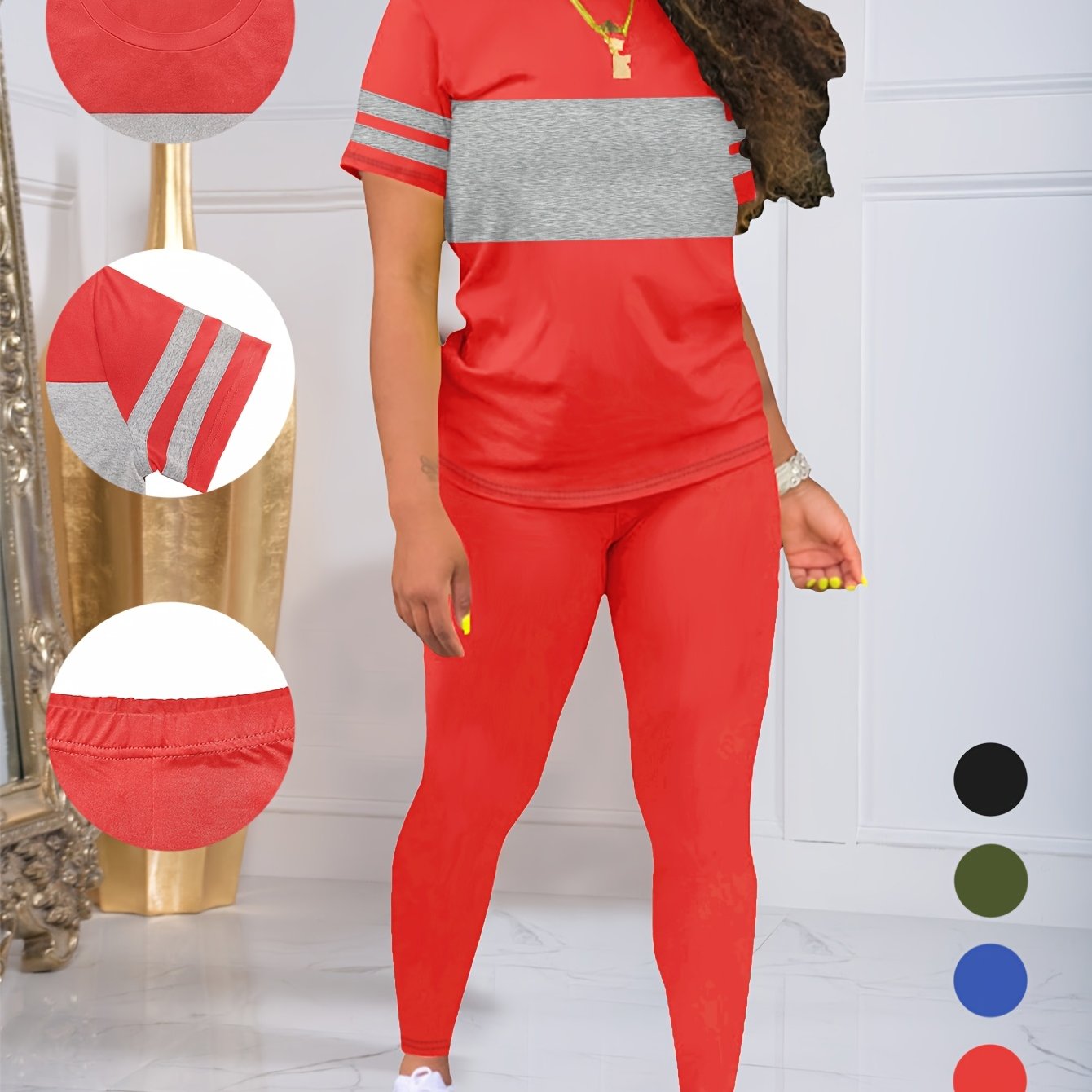 Women's Spring and Summer Round Neck Short Sleeve Top and Pants Set, Solid Color and Colorful Elastic Women's Set