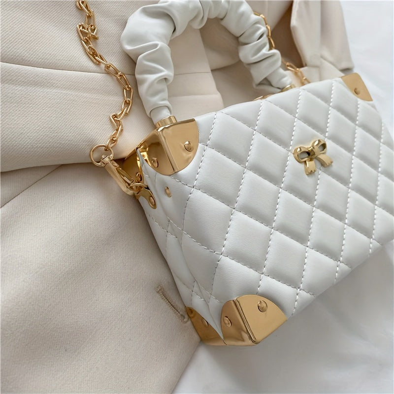 [Popular Choice] Chic Mini Boxy Crossbody Bag with Quilted Diamond Pattern and Bow Detail, Faux Leather, Available in Orange/Fuchsia/White/Green/Black, Pleated, Chain Strap, Shoulder Bag