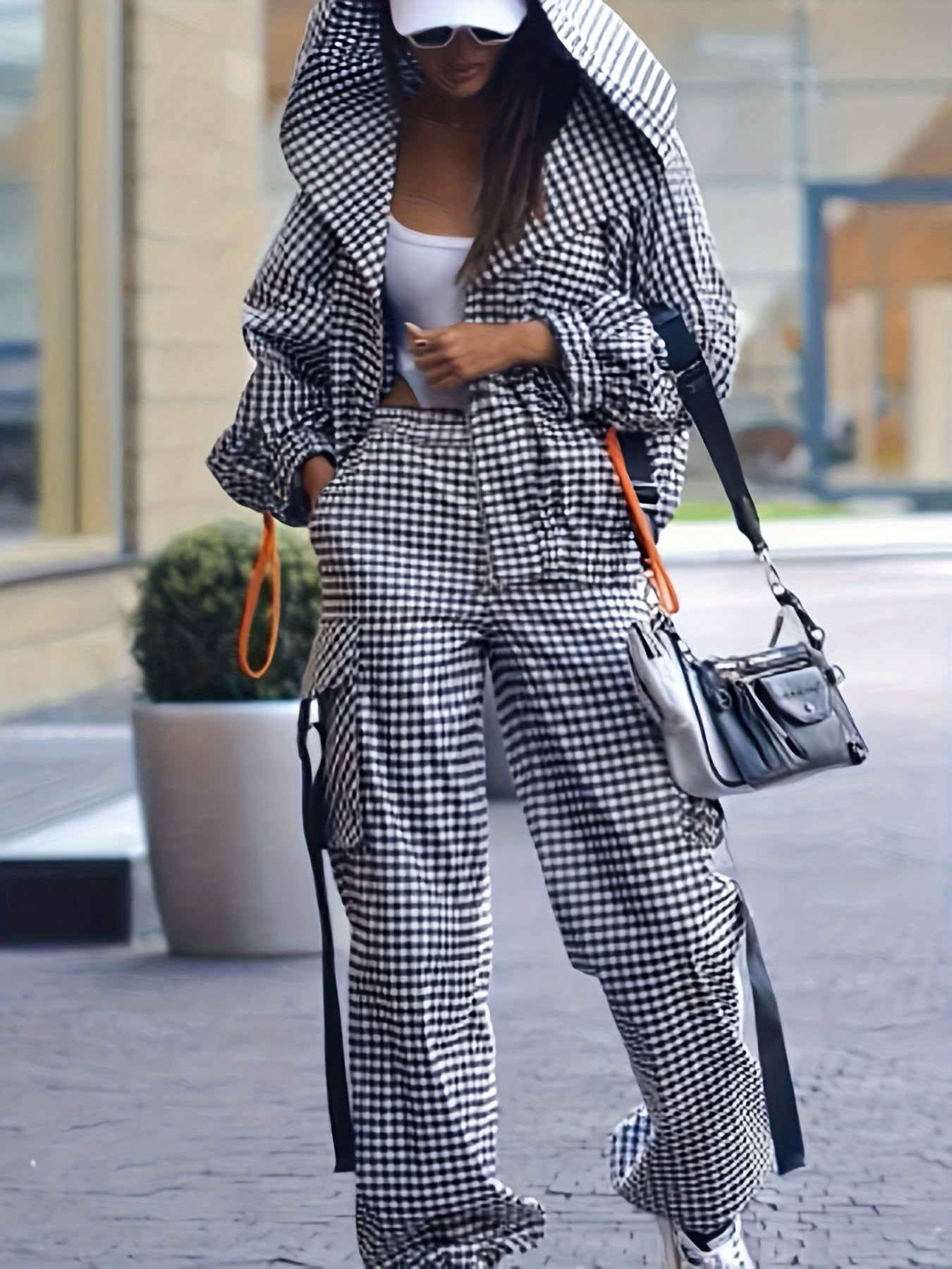 Women'S Casual Gingham Pantsuit with Lapel Collar and Zipper Details, 100% Polyester Woven Fabric, for Fall/Winter