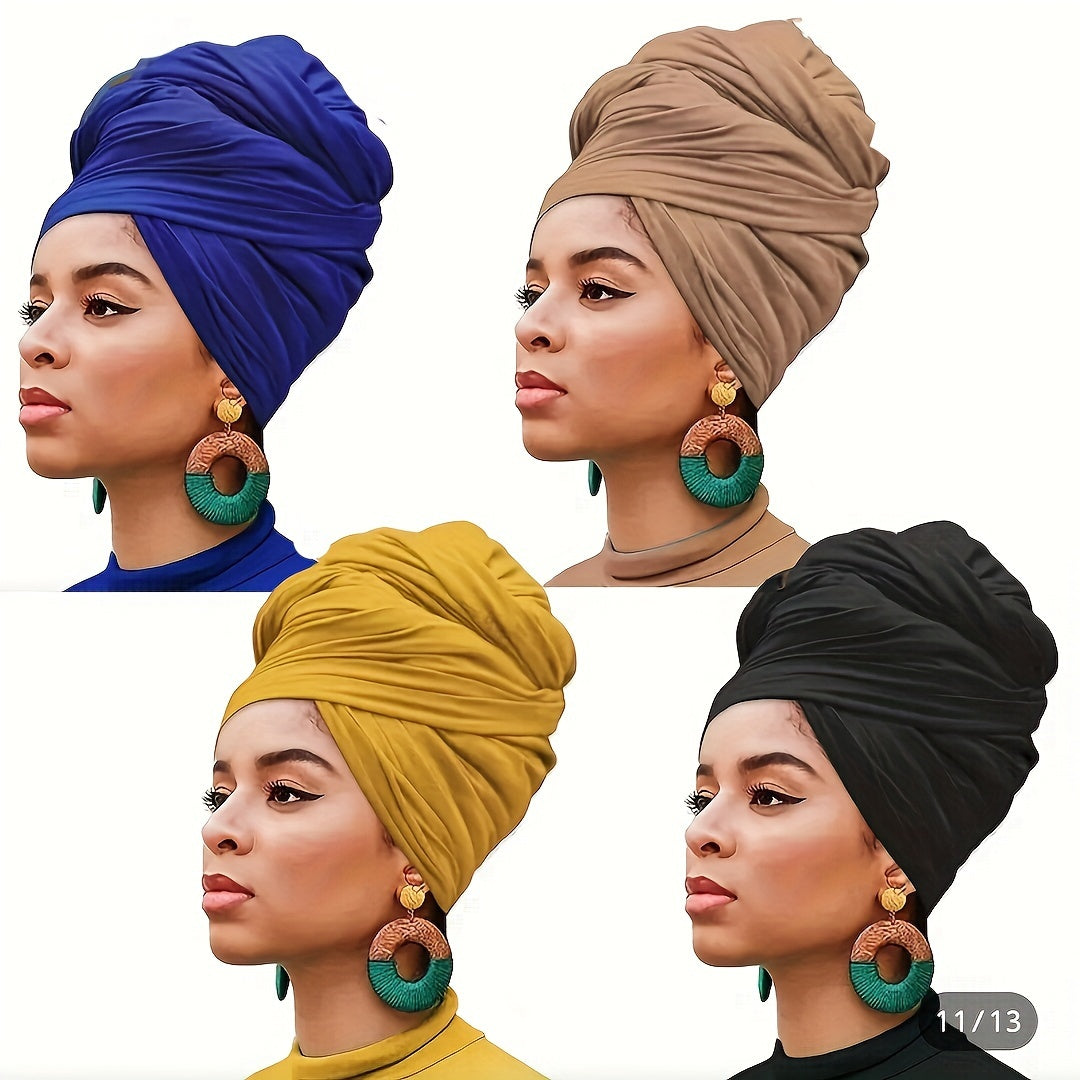 Set of 4 Bohemian Style Pleated Head Wraps, Elegant Solid Color Turban Caps, Breathable And Ultra Soft Extra Long Headbands for Women