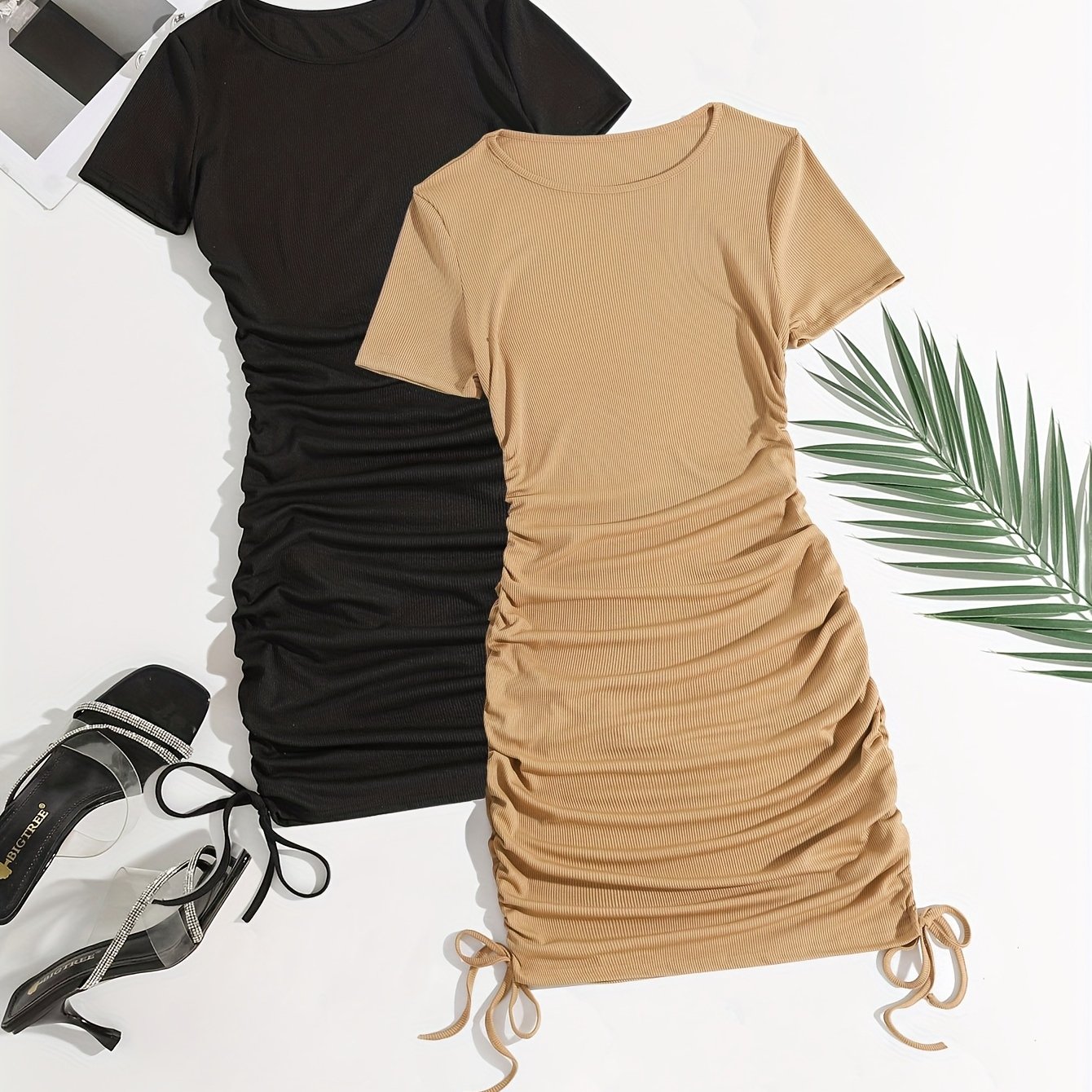 2pcs Women'S Summer Casual Dresses - Black and Light Blue Bodycon Tops with Drawstring Waist, Short Sleeve, Round Neck, Perfect for Adult Women, Casual Attire|Minimalist Style|Easy Fit Top, Ladies Dresses