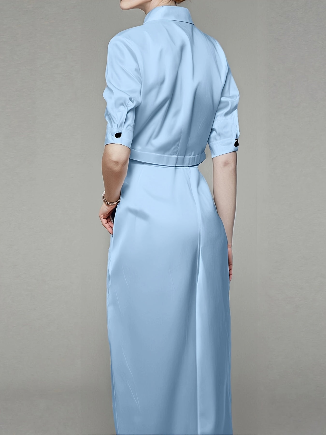 Elegant Light Blue Women'S Summer Casual Flap Collar Dress Set - Sleeveless Top with Pockets, High-Waisted Skirt with Slit, Stylish Black Heels, Perfect for Spring and Summer, Casual Attire|Modern Casualwear|Pocketed Skirt