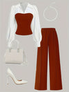 Women's Casual Elegant Two-Piece Set with Color Block Stitched Shirt and Wide-Leg Pants Suitable for All Seasons, Machine Washable, Striped V-Neck Long Pants Outfit, Accessories Not Included