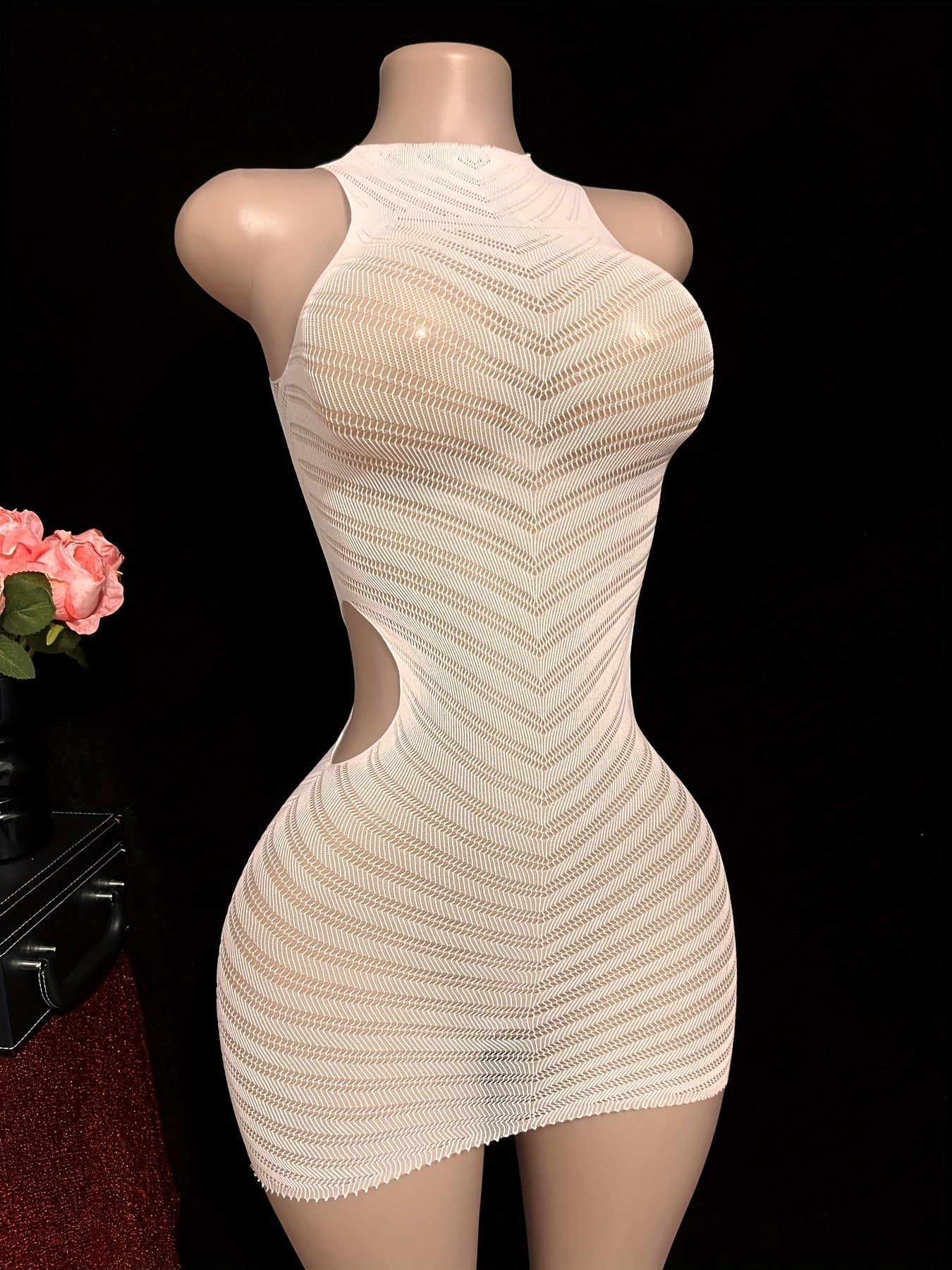 1pc of White Sexy Fitted Sleeveless Bodysuit Dress with Side Waist Hollow Design, High Elasticity Mesh Fabric, Beach Cover-Up.
