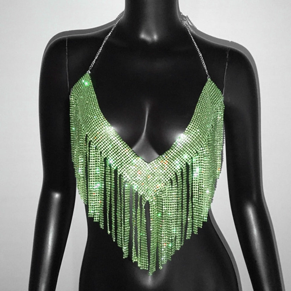 Glamorous Golden-Tone Rhinestone Tassel Necklace - Luxurious Alloy Crop Top with Sparkling Fringe Detail, Perfect for Parties & Celebrations