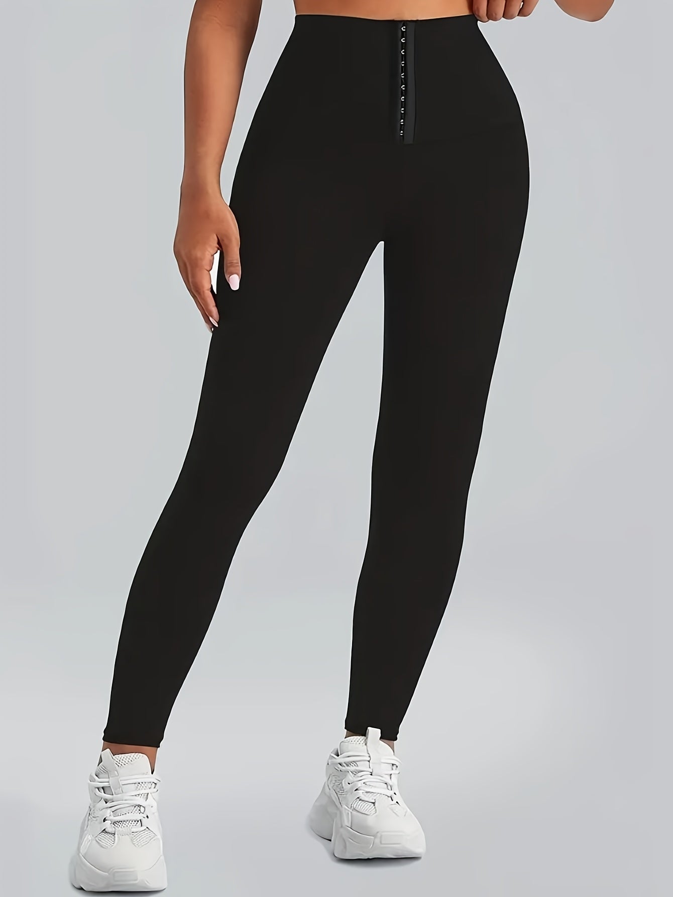 High-Waist Slimming Leggings with Double-Row Buckle - Stretchy, Non-See-Through Nylon Blend for Yoga, Fitness & Casual Wear