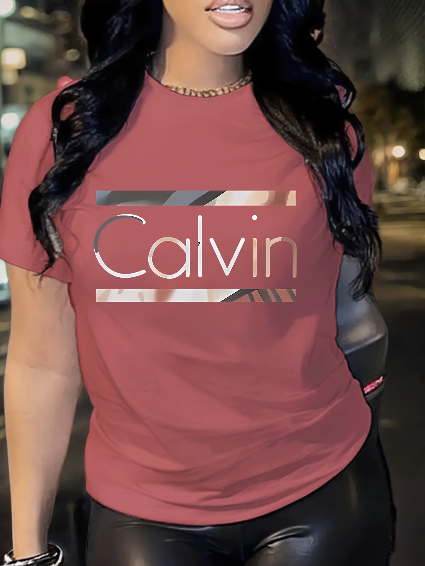 1pc Calvin Women's Graphic Tee - Soft Polyester Spandex Blend, Casual Crew Neck Short Sleeve Top in Black with Stylish Letter Print, Comfortable Casual Attire, Everyday Apparel | Trendy Casual Style | Stretchable Top