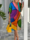 Women's Casual V-Neck Dress with 3/4 Sleeves - Retro Geometric Print, All-Season Polyester Blend, Machine Washable