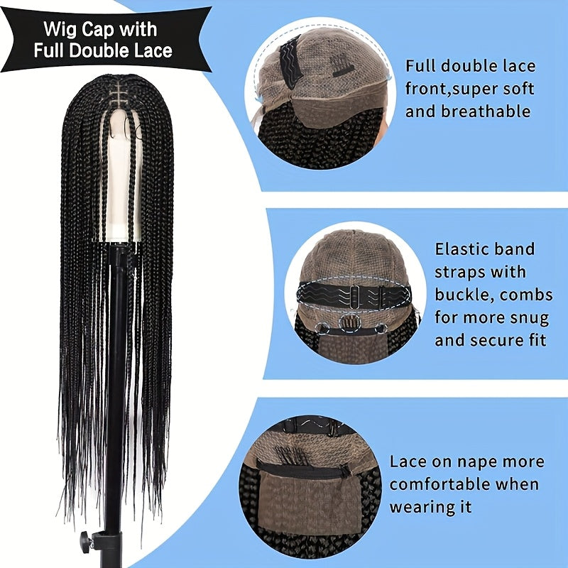 Latest Style Full Double Lace Front Braid Wig for Women - Hand Braided, Knotless Cornrow Braids, Blended Black Hair, Natural Looking, Breathable, Comfortable