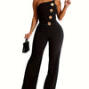 Elegant Women's Sleeveless Button Jumpsuit - Chic One-Shoulder Design, Flared Leg Pants, Polyester Blend, Machine Washable, Perfect for Spring/Summer