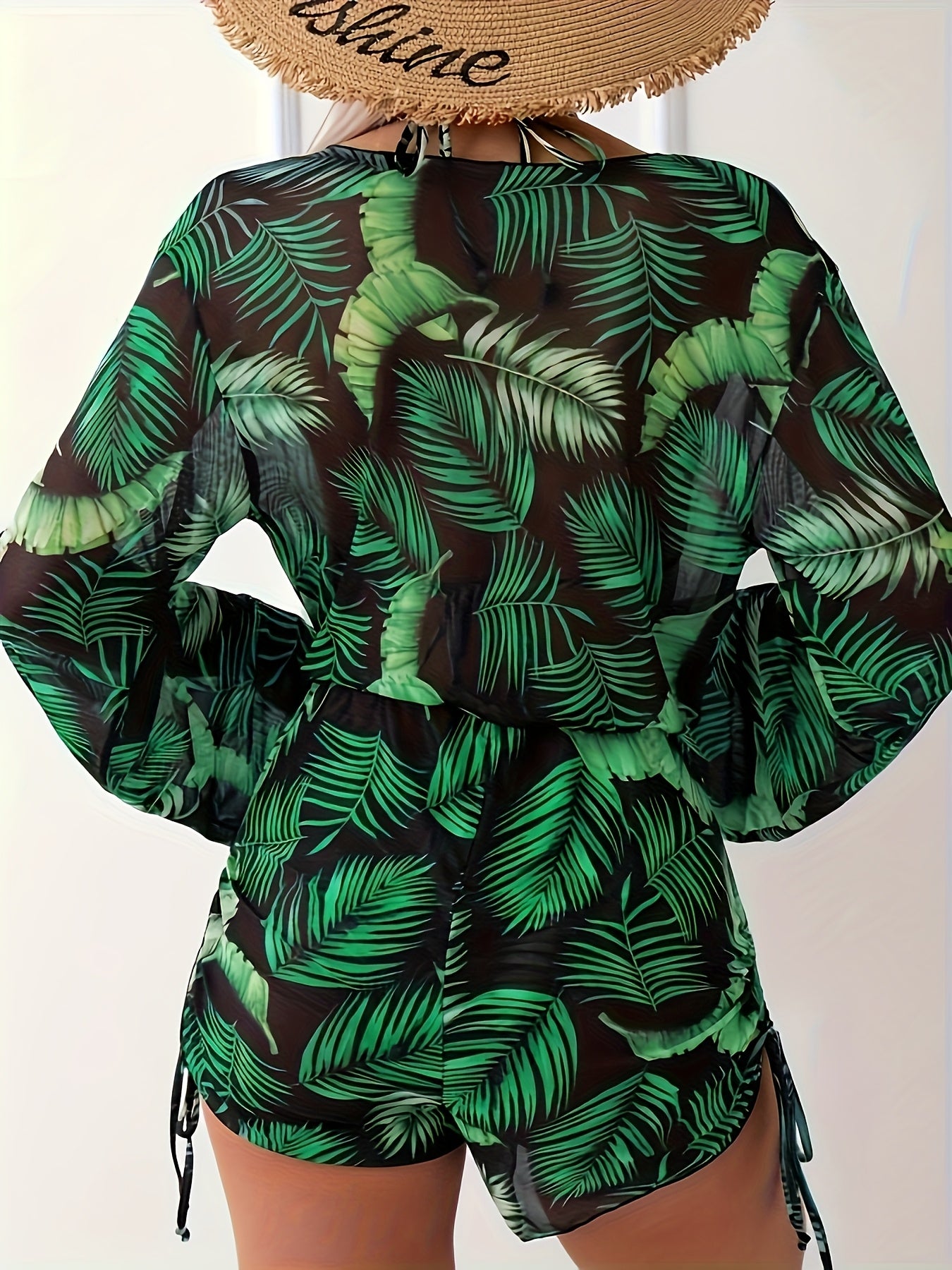 [Sunscreen Green Plant Print Suit] Sexy Tropical Plant Print, Sunscreen Three-piece Suit, Women'S Fashionable Sunscreen Clothing