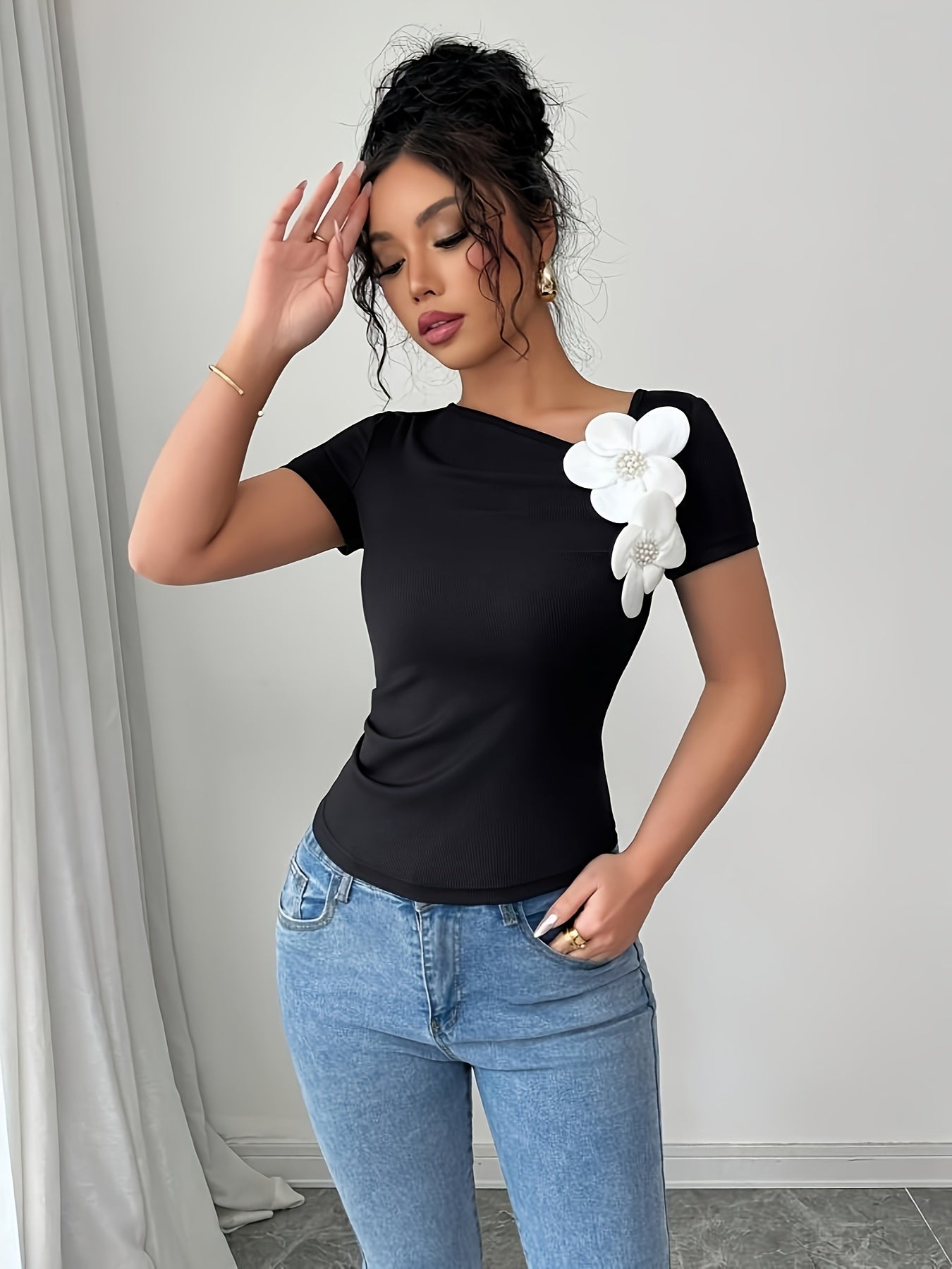 Women's Elegant 3D Floral Applique Knit Top - 100% Polyester, Medium Stretch, All-Season Versatile Black Shirt for Casual & Formal Outfits, Floral Print Blouse