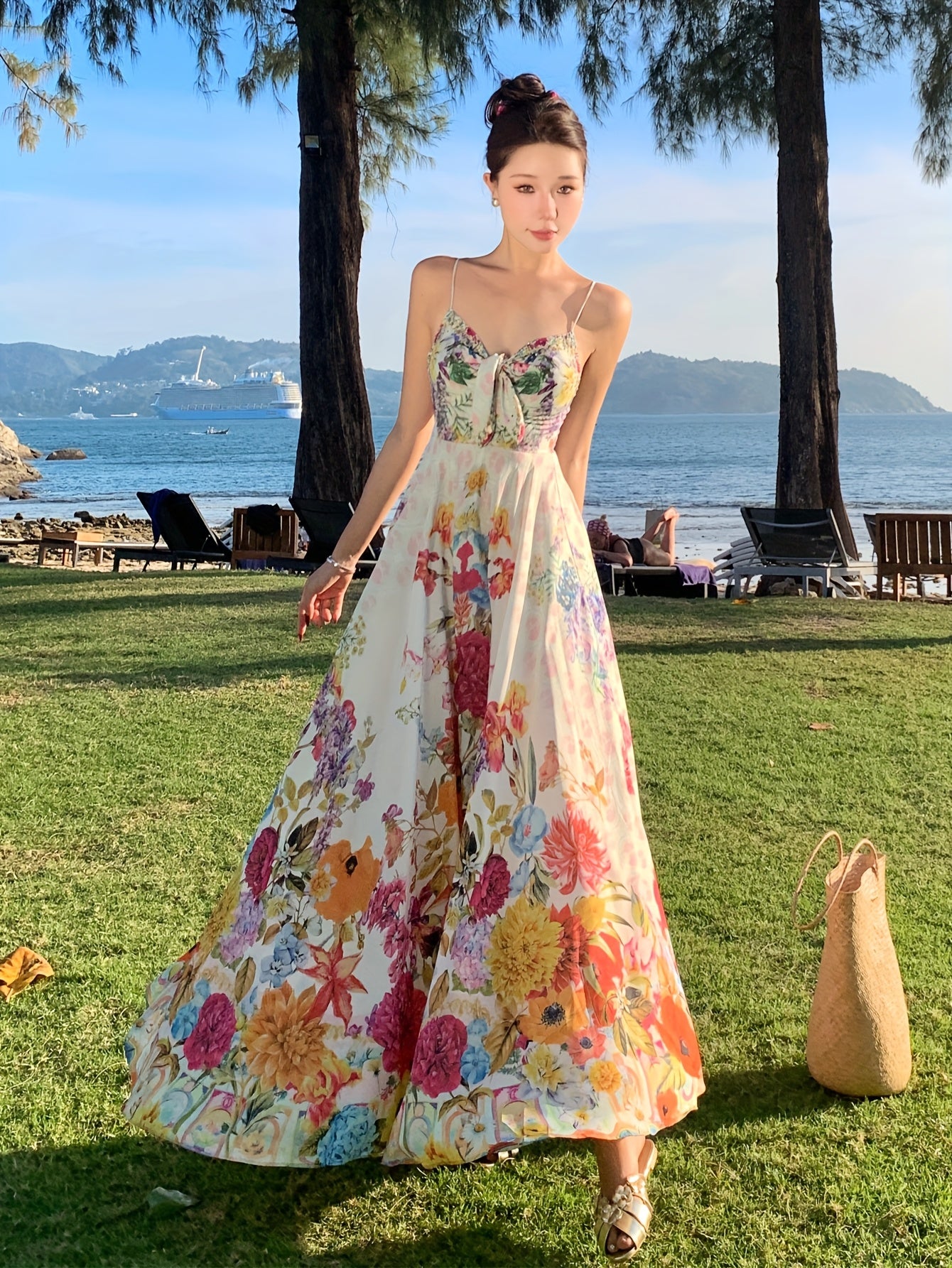 Women's Vibrant Floral Print Sleeveless Maxi Dress with Tropical V-Neck and Ruffled Hem - Perfect for Summer Vacations and Beach Outings, Vacation Attire | Fitted Waist, Beach Dress
