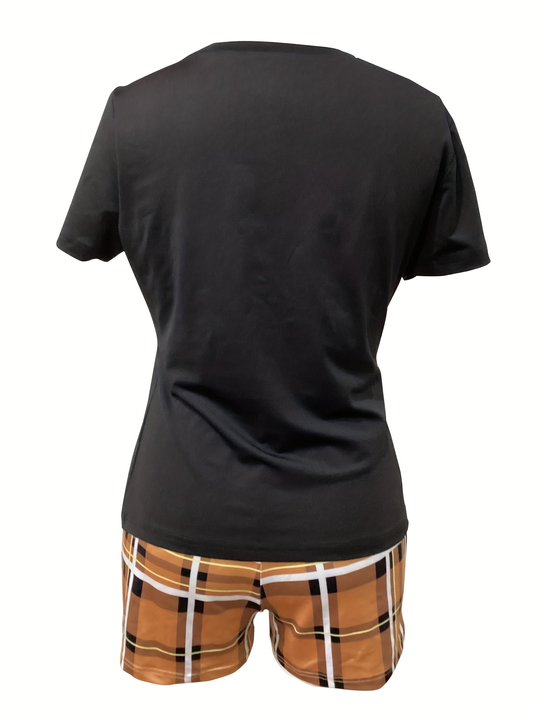 Casual Spring & Summer Two-piece Set, Queen Letter Print Short Sleeve Tee & Plaid Slim Shorts Outfits, Women's Clothing