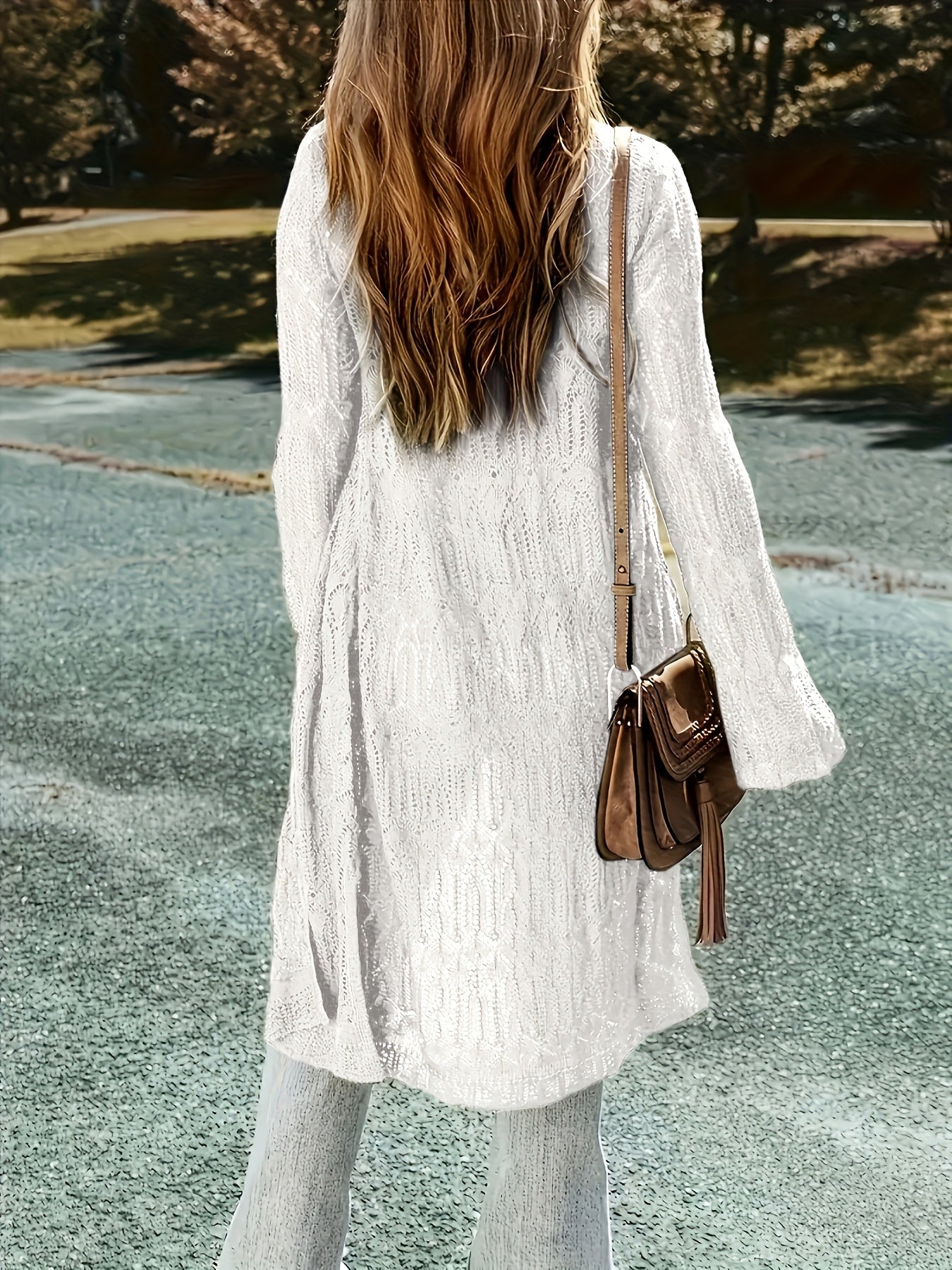 Plus Size Women's Lightweight Lace- Long Cardigan - V-Neck Semi-Sheer Cover-Up, Open Front Long Sleeve Resort Wear for Spring/Summer, Beach Vacation & Casual Outfits, Beach Lace Cover Up, Summer Layering Piece, Elegant Coveru