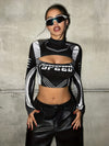 Y2K-Inspired Slimming Crop Top with Letter Print - High Neck, Stretchy Polyester Blend, Machine Washable - Perfect for All Seasons