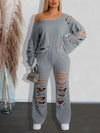 Casual Solid Cut Out Two-piece Set, Long Sleeve Asymmetric Top & Long Pants Outfits, Women's Clothing