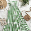 Elegant Green & White Striped Midi Dress with Adjustable Spaghetti Straps and Ruffled Hem - Machine Washable, Perfect for Spring/Summer/Fall