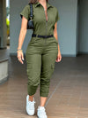 Turn- Collar Short Sleeve Zipper Front Cuffed Jumpsuit Casual Pocket Design Cargo Romper