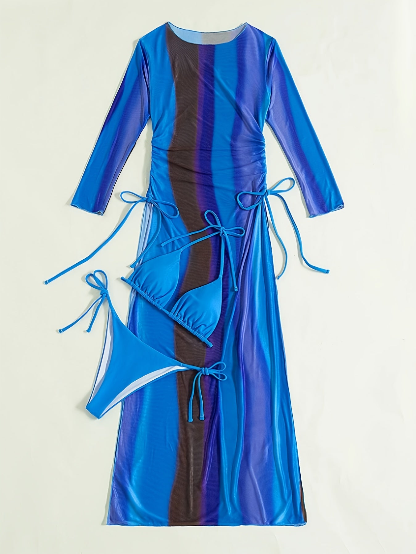 A Three-Piece Summer Beach Swimming Set Featuring a Halter Triangle Tie Bikini And a Cover-Up.