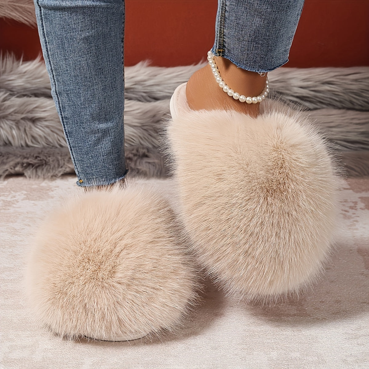 Women's Faux Fur Elegant Slippers – Korean Style, Warm All-Season House Shoes with Non-Slip Rubber Sole