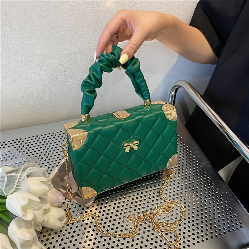 [Popular Choice] Chic Mini Boxy Crossbody Bag with Quilted Diamond Pattern and Bow Detail, Faux Leather, Available in Orange/Fuchsia/White/Green/Black, Pleated, Chain Strap, Shoulder Bag