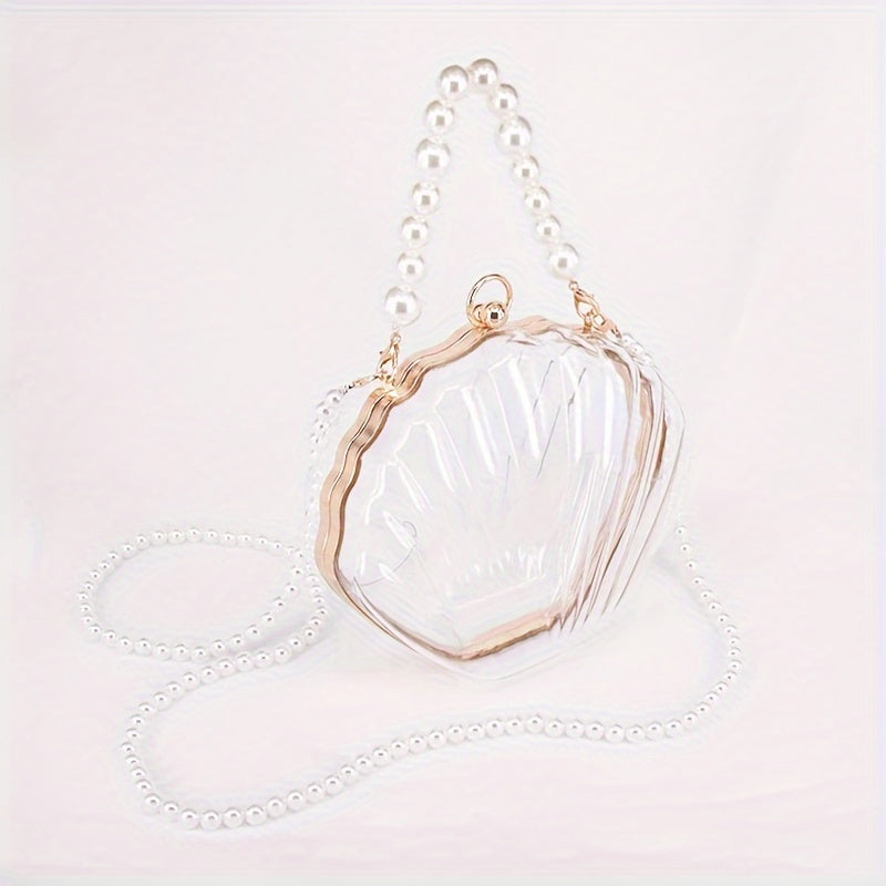 Casual Acrylic Pearl Beaded Shell Crossbody Bag with Removable Strap, Transparent Unlined Clutch with Buckle Closure, Checkpoint-Friendly Fashion Accessory