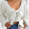 Sexy Bowknot V Neck Crop Sweater, Casual Lantern Long Sleeve Loose Fall Winter Knit Sweater, Women's Clothing