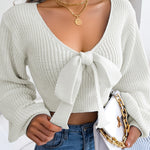 Sexy Bowknot V Neck Crop Sweater, Casual Lantern Long Sleeve Loose Fall Winter Knit Sweater, Women's Clothing