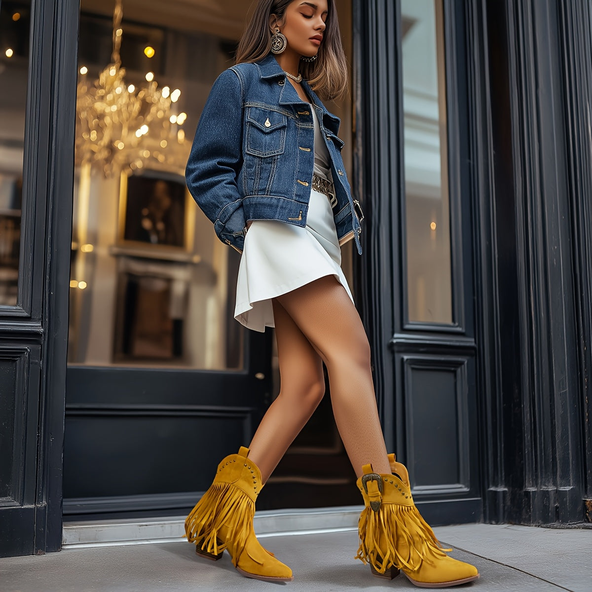 Chic Women's Mid-Calf Western Cowboy Boots with Tassel & Studded Details, Pointed Toe, Chunky Heel - Slip-On Casual Style